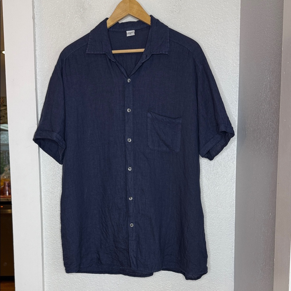 Navy Blue Linen Button Up Shirt BESLIKA XL Resort European Coastal Quiet Luxury